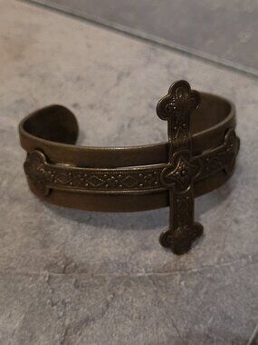 Antiqued Gold Metal Cross Cuff Bracelet